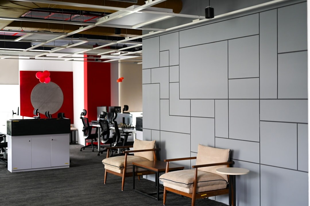 Modern media company office reception with meeting space
